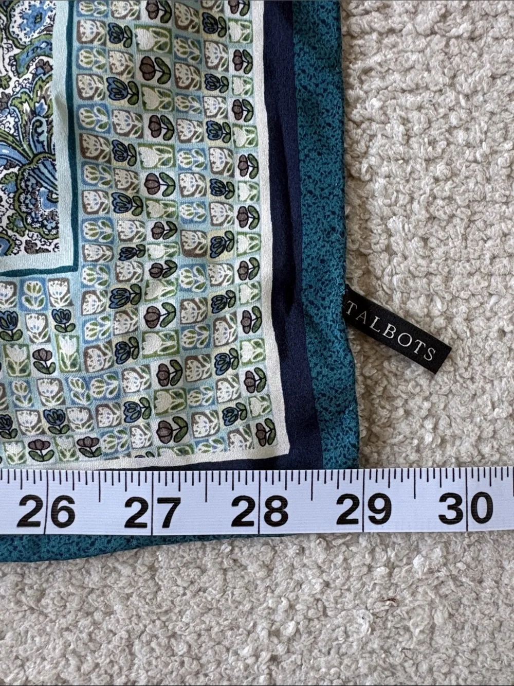 Vintage inspired Talbots Teal and Navy Floral Paisley Square silk Scarf